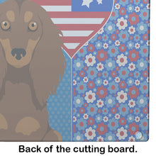 Load image into Gallery viewer, Longhair Chocolate and Tan Dachshund USA American Glass Cutting Boards – Durable, Decorative Kitchen Art Large