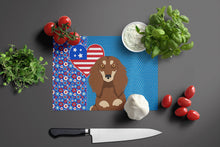 Load image into Gallery viewer, Longhair Chocolate and Cream Dachshund USA American Glass Cutting Boards – Durable, Decorative Kitchen Art Large