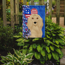 Load image into Gallery viewer, Longhair Cream Dachshund Patriotic Heart Garden Flag – Red, White &amp; Blue Dog Decor with Star Background
