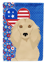 Load image into Gallery viewer, Longhair Cream Dachshund Patriotic Heart Garden Flag – Red, White &amp; Blue Dog Decor with Star Background