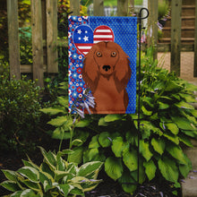 Load image into Gallery viewer, Longhair Red Dachshund Patriotic Heart Garden Flag – Red, White &amp; Blue Dog Decor with Star Background