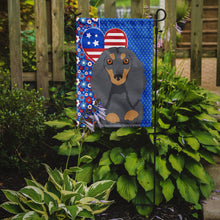 Load image into Gallery viewer, Longhair Blue and Tan Dachshund Patriotic Heart Garden Flag – Red, White &amp; Blue Dog Decor with Star Background