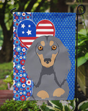 Load image into Gallery viewer, Longhair Blue and Tan Dachshund Patriotic Heart Garden Flag – Red, White &amp; Blue Dog Decor with Star Background