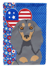 Load image into Gallery viewer, Longhair Blue and Tan Dachshund Patriotic Heart Garden Flag – Red, White &amp; Blue Dog Decor with Star Background