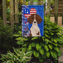 Load image into Gallery viewer, Red Piebald Dachshund Patriotic Heart Garden Flag – Red, White &amp; Blue Dog Decor with Star Background