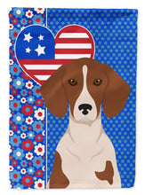 Load image into Gallery viewer, Red Piebald Dachshund Patriotic Heart Garden Flag – Red, White &amp; Blue Dog Decor with Star Background