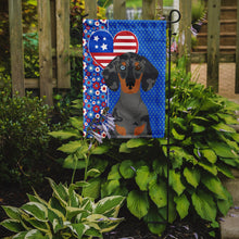 Load image into Gallery viewer, Black Dapple Dachshund Patriotic Heart Garden Flag – Red, White &amp; Blue Dog Decor with Star Background