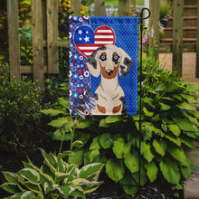 Load image into Gallery viewer, Cream Dapple Dachshund Patriotic Heart Garden Flag – Red, White &amp; Blue Dog Decor with Star Background