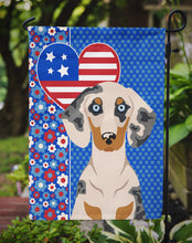 Load image into Gallery viewer, Cream Dapple Dachshund Patriotic Heart Garden Flag – Red, White &amp; Blue Dog Decor with Star Background