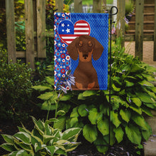 Load image into Gallery viewer, Chocolate and Tan Dachshund Patriotic Heart Garden Flag – Red, White &amp; Blue Dog Decor with Star Background