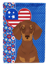 Load image into Gallery viewer, Chocolate and Tan Dachshund Patriotic Heart Garden Flag – Red, White &amp; Blue Dog Decor with Star Background