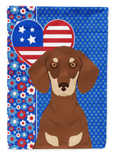 Load image into Gallery viewer, Chocolate and Cream Dachshund Patriotic Heart Garden Flag – Red, White &amp; Blue Dog Decor with Star Background
