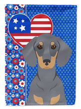 Load image into Gallery viewer, Blue and Tan Dachshund Patriotic Heart Garden Flag – Red, White &amp; Blue Dog Decor with Star Background