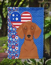 Load image into Gallery viewer, Red Dachshund Patriotic Heart Garden Flag – Red, White &amp; Blue Dog Decor with Star Background