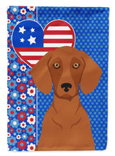 Load image into Gallery viewer, Red Dachshund Patriotic Heart Garden Flag – Red, White &amp; Blue Dog Decor with Star Background