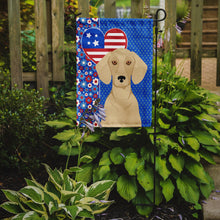 Load image into Gallery viewer, Cream Dachshund Patriotic Heart Garden Flag – Red, White &amp; Blue Dog Decor with Star Background
