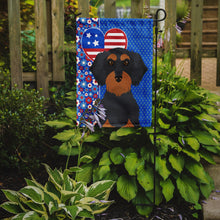 Load image into Gallery viewer, Wirehair Black and Tan Dachshund Patriotic Heart Garden Flag – Red, White &amp; Blue Dog Decor with Star Background