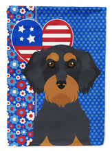 Load image into Gallery viewer, Wirehair Black and Tan Dachshund Patriotic Heart Garden Flag – Red, White &amp; Blue Dog Decor with Star Background