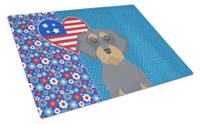 Load image into Gallery viewer, Wirehair Blue and Tan Dachshund USA American Glass Cutting Boards – Durable, Decorative Kitchen Art Large