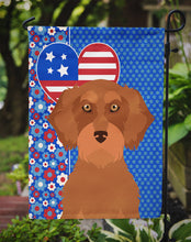 Load image into Gallery viewer, Wirehair Red Dachshund Patriotic Heart Garden Flag – Red, White &amp; Blue Dog Decor with Star Background