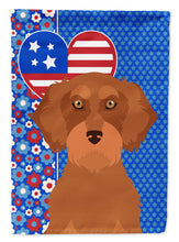 Load image into Gallery viewer, Wirehair Red Dachshund Patriotic Heart Garden Flag – Red, White &amp; Blue Dog Decor with Star Background