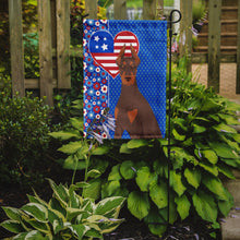 Load image into Gallery viewer, Red and Tan Doberman Pinscher Patriotic Heart Garden Flag – Red, White &amp; Blue Dog Decor with Star Background