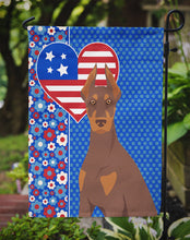 Load image into Gallery viewer, Red and Tan Doberman Pinscher Patriotic Heart Garden Flag – Red, White &amp; Blue Dog Decor with Star Background