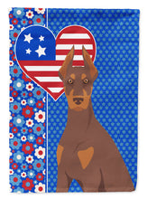 Load image into Gallery viewer, Red and Tan Doberman Pinscher Patriotic Heart Garden Flag – Red, White &amp; Blue Dog Decor with Star Background