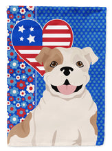 Load image into Gallery viewer, Piebald English Bulldog Patriotic Heart Garden Flag – Red, White &amp; Blue Dog Decor with Star Background