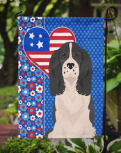 Load image into Gallery viewer, Black English Springer Spaniel Patriotic Heart Garden Flag – Red, White &amp; Blue Dog Decor with Star Background
