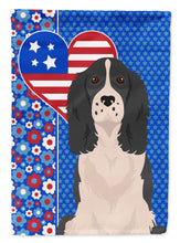 Load image into Gallery viewer, Black English Springer Spaniel Patriotic Heart Garden Flag – Red, White &amp; Blue Dog Decor with Star Background