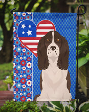 Load image into Gallery viewer, Liver English Springer Spaniel Patriotic Heart Garden Flag – Red, White &amp; Blue Dog Decor with Star Background