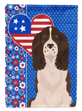 Load image into Gallery viewer, Liver English Springer Spaniel Patriotic Heart Garden Flag – Red, White &amp; Blue Dog Decor with Star Background