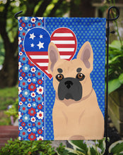 Load image into Gallery viewer, Fawn French Bulldog Patriotic Heart Garden Flag – Red, White &amp; Blue Dog Decor with Star Background