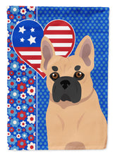 Load image into Gallery viewer, Fawn French Bulldog Patriotic Heart Garden Flag – Red, White &amp; Blue Dog Decor with Star Background