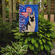Load image into Gallery viewer, Black and Silver German Shepherd Patriotic Heart Garden Flag – Red, White &amp; Blue Dog Decor with Star Background