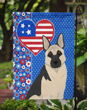 Load image into Gallery viewer, Black and Silver German Shepherd Patriotic Heart Garden Flag – Red, White &amp; Blue Dog Decor with Star Background