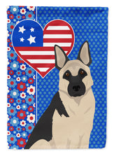 Load image into Gallery viewer, Black and Silver German Shepherd Patriotic Heart Garden Flag – Red, White &amp; Blue Dog Decor with Star Background