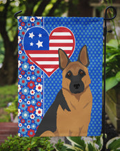 Load image into Gallery viewer, Black and Tan German Shepherd Patriotic Heart Garden Flag – Red, White &amp; Blue Dog Decor with Star Background