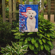 Load image into Gallery viewer, Cream Golden Retriever Patriotic Heart Garden Flag – Red, White &amp; Blue Dog Decor with Star Background