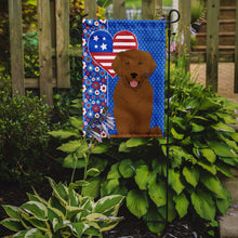 Load image into Gallery viewer, Mahogany Golden Retriever Patriotic Heart Garden Flag – Red, White &amp; Blue Dog Decor with Star Background