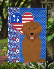 Load image into Gallery viewer, Mahogany Golden Retriever Patriotic Heart Garden Flag – Red, White &amp; Blue Dog Decor with Star Background