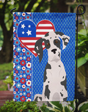 Load image into Gallery viewer, Harlequin Great Dane Patriotic Heart Garden Flag – Red, White &amp; Blue Dog Decor with Star Background