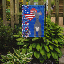 Load image into Gallery viewer, Gray Italian Greyhound Patriotic Heart Garden Flag – Red, White &amp; Blue Dog Decor with Star Background