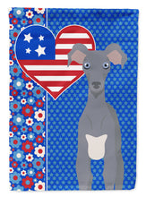 Load image into Gallery viewer, Gray Italian Greyhound Patriotic Heart Garden Flag – Red, White &amp; Blue Dog Decor with Star Background