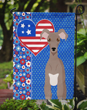 Load image into Gallery viewer, Fawn Italian Greyhound Patriotic Heart Garden Flag – Red, White &amp; Blue Dog Decor with Star Background
