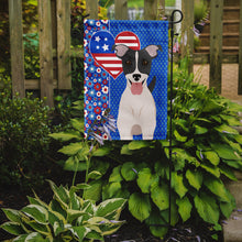 Load image into Gallery viewer, Black White Smooth Jack Russell Terrier Patriotic Heart Garden Flag – Red, White &amp; Blue Dog Decor with Star Background