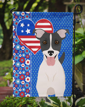 Load image into Gallery viewer, Black White Smooth Jack Russell Terrier Patriotic Heart Garden Flag – Red, White &amp; Blue Dog Decor with Star Background