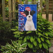 Load image into Gallery viewer, Black White Wirehair Jack Russell Terrier Patriotic Heart Garden Flag – Red, White &amp; Blue Dog Decor with Star Background