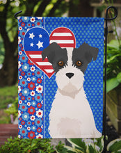 Load image into Gallery viewer, Black White Wirehair Jack Russell Terrier Patriotic Heart Garden Flag – Red, White &amp; Blue Dog Decor with Star Background